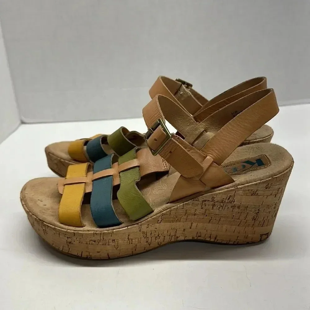 Kork Ease Wedges Sandals High Heel Shoes Wedge Leather MultiColor Strappy Size 8